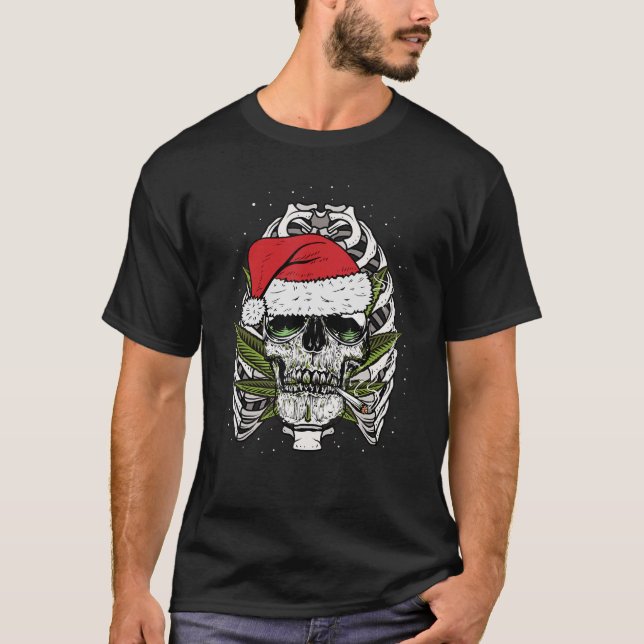 Skull Smoking Weed Joint Christmas Santa Hat Stone T-Shirt (Front)