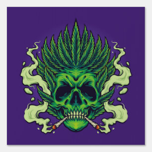Skull Smoking Weed Leaf Hair Illustrations Poster Sign