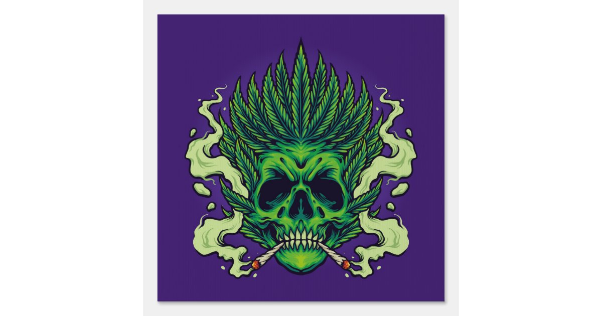 Skull Smoking Weed Leaf Hair Illustrations Poster Sign | Zazzle