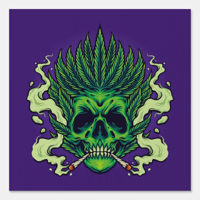 Skull Smoking Weed Leaf Hair Illustrations Poster Sign (Front)