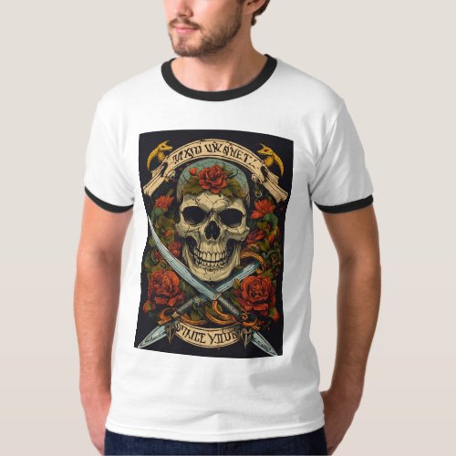 Skull Snake and Sword Tattoo Style Print  T_Shirt