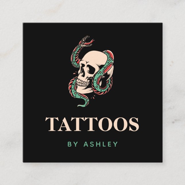 Skull Snake Gothic Style Tattoo Artist Minimalist Square Business Card (Front)