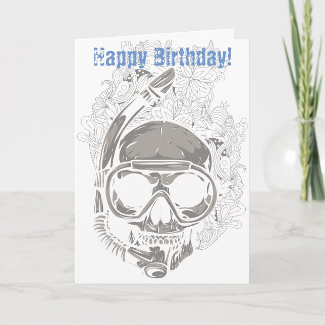 Skull Snorkeling, Scuba Diver Happy Birthday Card (Front)