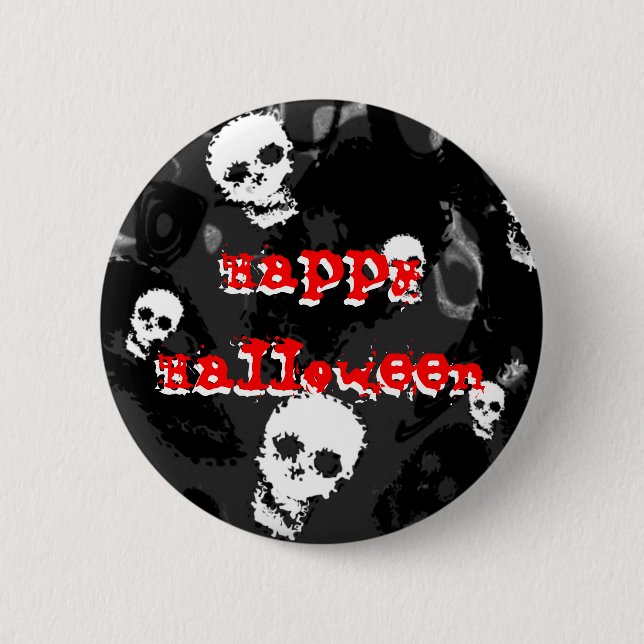 Skull Specters B&W red  'Happy Halloween' button (Front)