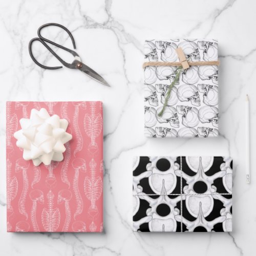 Skull  Spine Bones on Pink Wrapping Paper Sheets