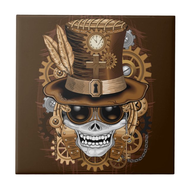 Skull Steampunk Voodoo Retro Machine Ceramic Tile (Front)