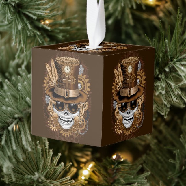 Skull Steampunk Voodoo Retro Machine Cube Ornament (Tree)