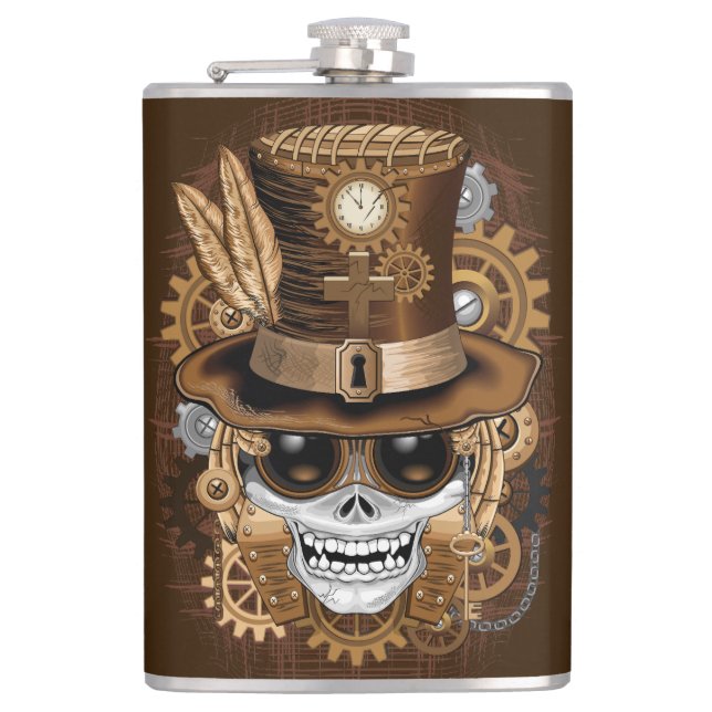 Skull Steampunk Voodoo Retro Machine Flask (Front)