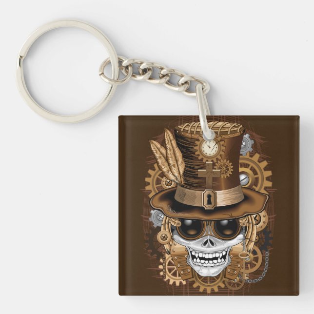 Skull Steampunk Voodoo Retro Machine Keychain (Front)