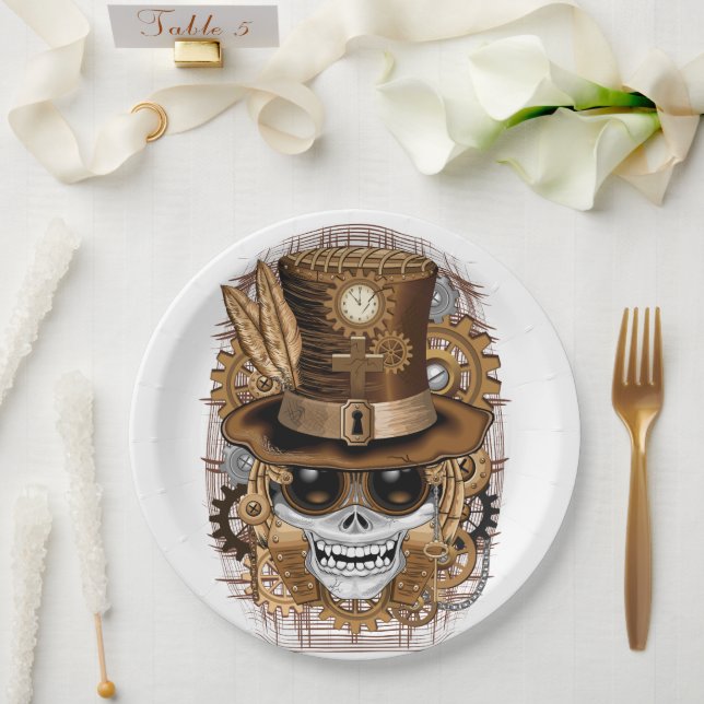 Skull Steampunk Voodoo Retro Machine Paper Plates (Wedding)