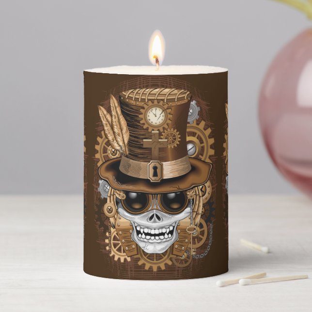 Skull Steampunk Voodoo Retro Machine Pillar Candle (In Situ)