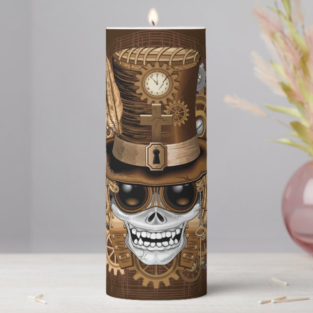 Skull Steampunk Voodoo Retro Machine Pillar Candle (In Situ)