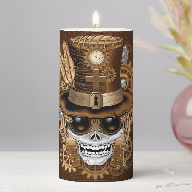 Skull Steampunk Voodoo Retro Machine Pillar Candle (In Situ)