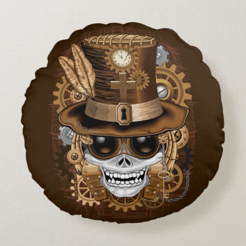 Skull Steampunk Voodoo Retro Machine Round Pillow