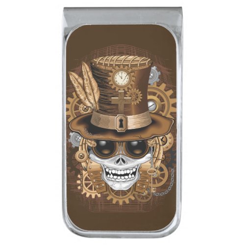 Skull Steampunk Voodoo Retro Machine Silver Finish Money Clip