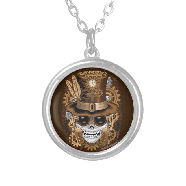 Skull Steampunk Voodoo Retro Machine Silver Plated Necklace (Front)