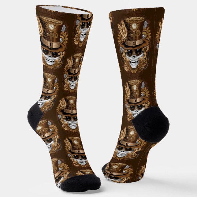 Skull Steampunk Voodoo Retro Machine Socks (Angled)