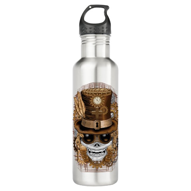 Skull Steampunk Voodoo Retro Machine Stainless Steel Water Bottle (Front)