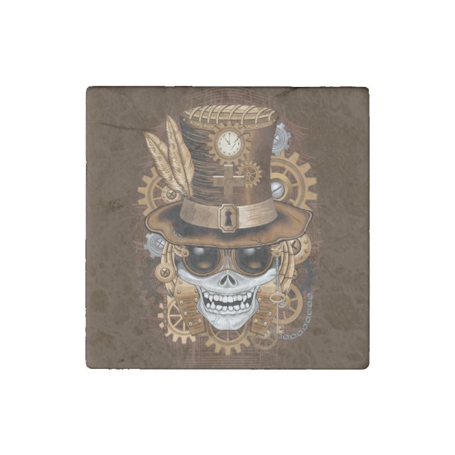 Skull Steampunk Voodoo Retro Machine Stone Magnet (Front)