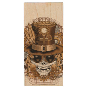 Skull Steampunk Voodoo Retro Machine Wood Flash Drive