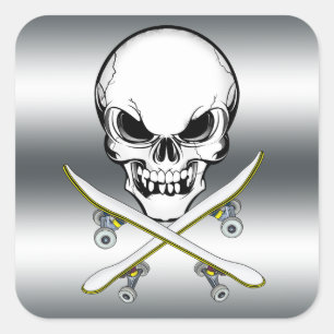 Skull sticker with skateboards silver