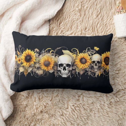 Skull Sunflower Halloween Goth Lumbar Pillow