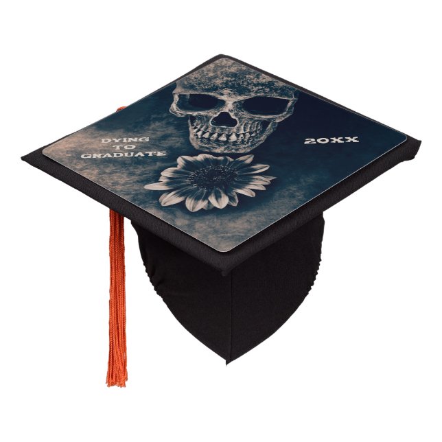 Skull Sunflower Vintage Cyanotype Gothic Graduation Cap Topper (Angled)