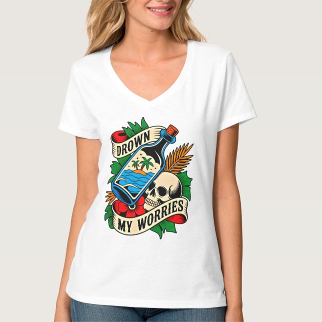 Skull & Sunset Tropical Tattoo | Unique Gift Idea T-Shirt (Front)