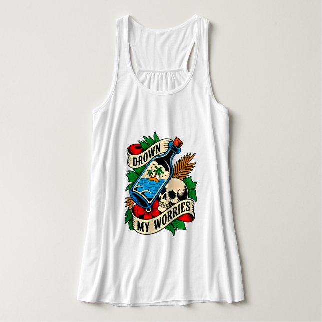Skull & Sunset Tropical Tattoo | Unique Gift Idea Tank Top (Design Front)