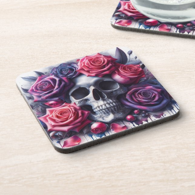 Skull Surrounded by Vibrant Roses Beverage Coaster (Left Side)
