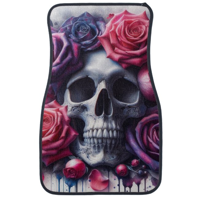 Skull Surrounded by Vibrant Roses Car Floor Mat (Front)