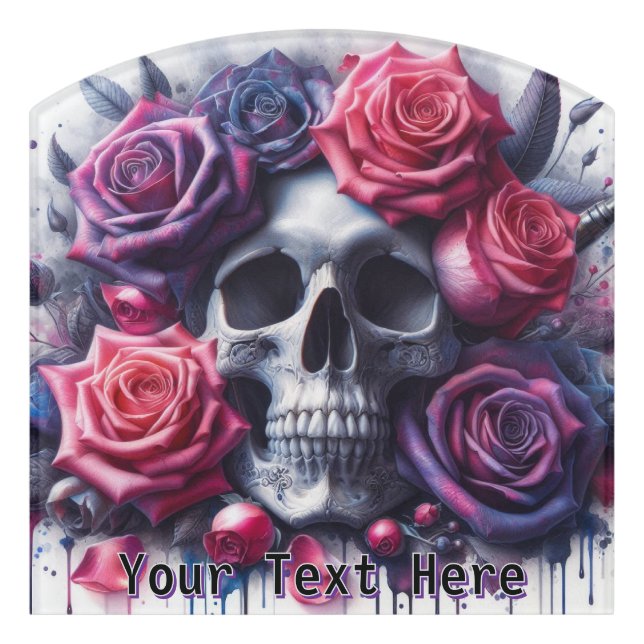 Skull Surrounded by Vibrant Roses Door Sign (Contour Front)