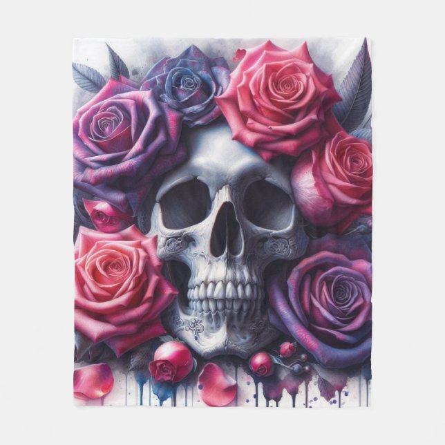 Skull Surrounded by Vibrant Roses Fleece Blanket (Front)