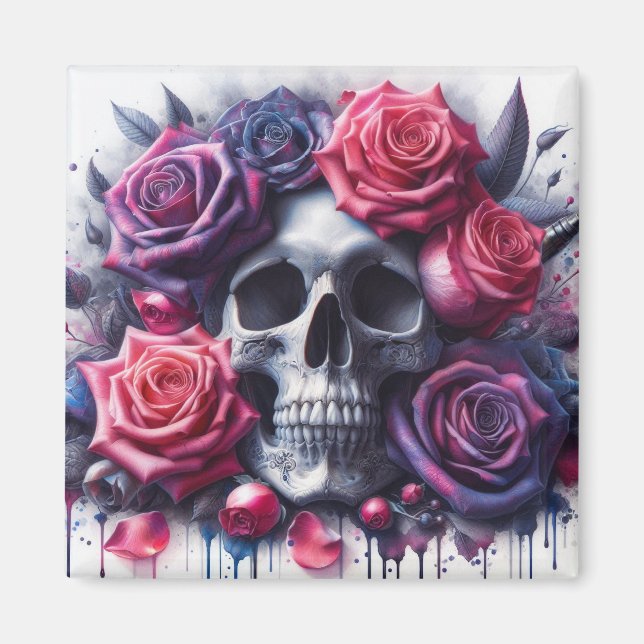 Skull Surrounded by Vibrant Roses Magnet (Front)