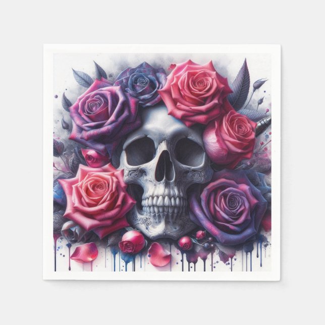 Skull Surrounded by Vibrant Roses Napkins (Front)