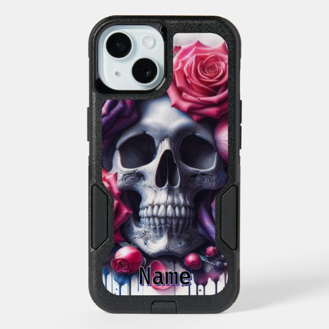 Skull Surrounded by Vibrant Roses Otterbox iPhone Case (Back)