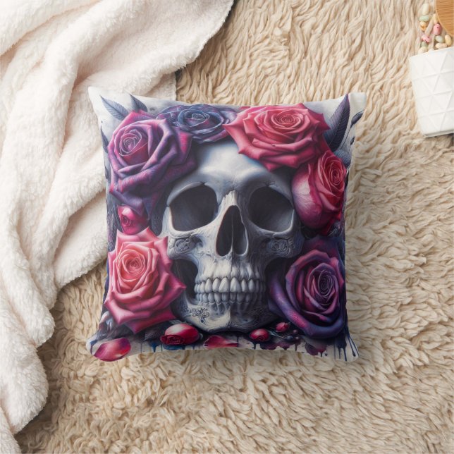 Skull Surrounded by Vibrant Roses Throw Pillow (Blanket)