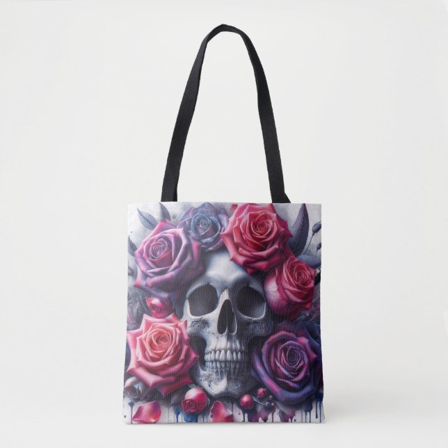 Skull Surrounded by Vibrant Roses Tote Bag (Front)