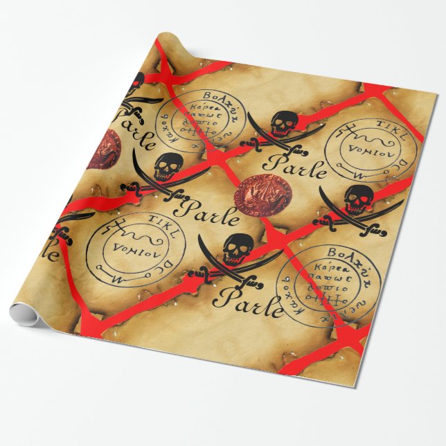 SKULL,SWORDS ,PIRATES TREASURE MAP PARCHMENT Parle Wrapping Paper (Unrolled)