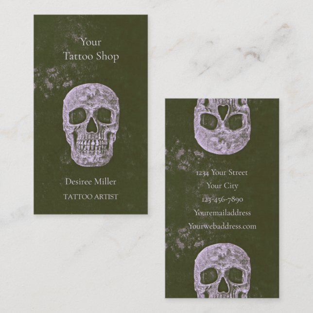 Skull Tattoo Artist Olive Green Gothic Grunge Business Card (Front/Back)