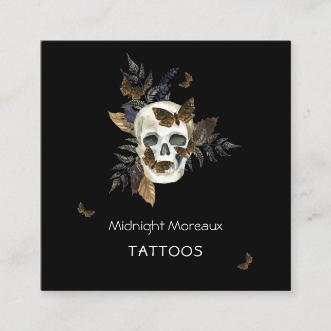 Skull Tattoo Artist QR Code Botanical Square Business Card (Front)
