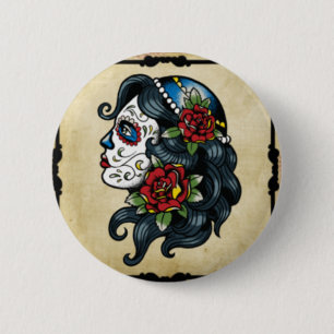 skull tattoo girl pinback button