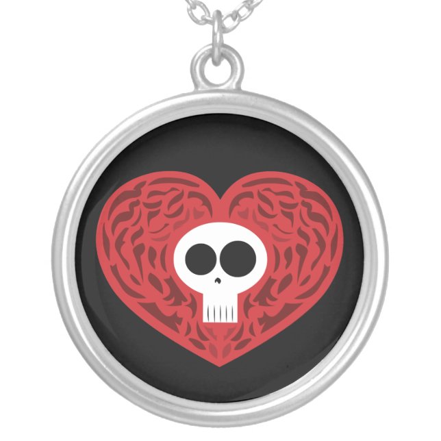 Skull Tattoo Heart Silver Plated Necklace (Front)