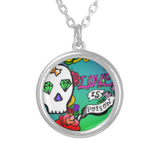 Skull Tattoo Love Is Poison Anti Valentine Silver Plated Necklace
