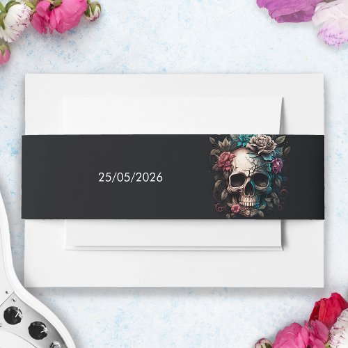 Skull Tattoo Rock and Roll Gothic Wedding Invitation Belly Band