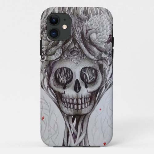 skull tattoo style iPhone tree roots head art iPhone 11 Case