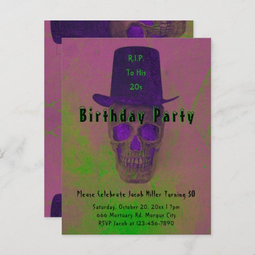 Skull Top Hat Pink Green RIP To His 20s Gothic Invitation Postcard