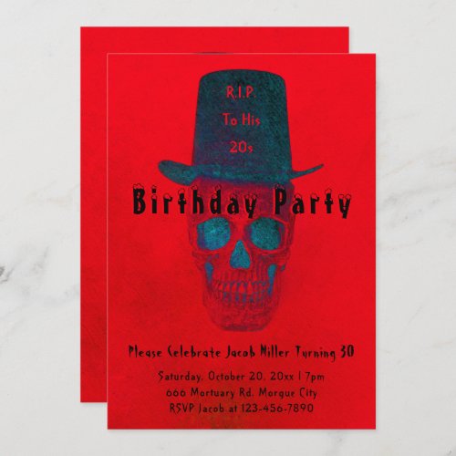 Skull Top Hat Red Blue RIP To His 20s Gothic Invitation