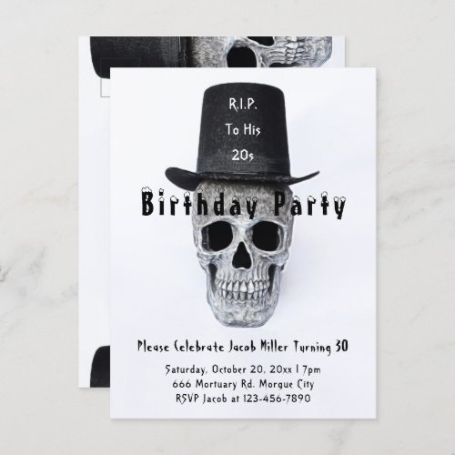 Skull Top Hat Vintage Black White RIP To His 20s Invitation Postcard