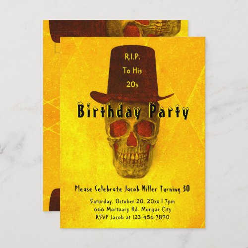 Skull Top Hat Vintage Neon Yellow RIP To His 20s Invitation Postcard